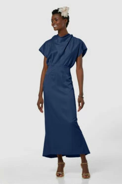 Closet London Navy Blue High Neck Kimono Midi Dress