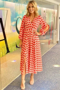 Closet London Red Heart Print Full Skirt Wrap Dress