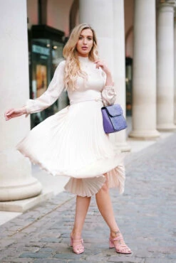 Closet London Beige Long Sleeve Pleated Midi Dress