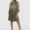 Closet London Khaki Green Pleated Shirt Dress