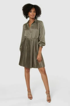 Closet London Khaki Green Pleated Shirt Dress