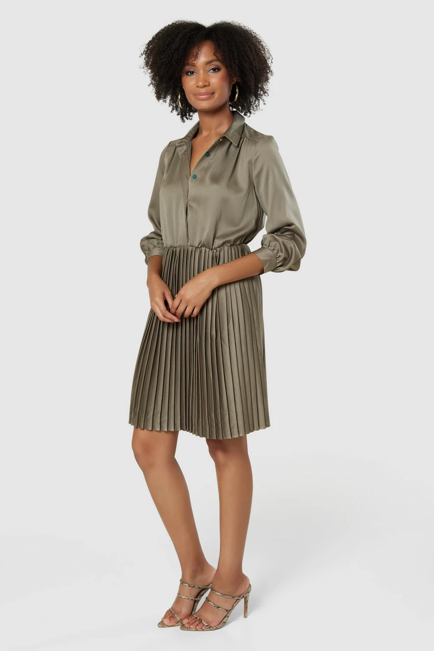Closet London Khaki Green Pleated Shirt Dress 4 Closet London Khaki Green Pleated Shirt Dress - Image 2