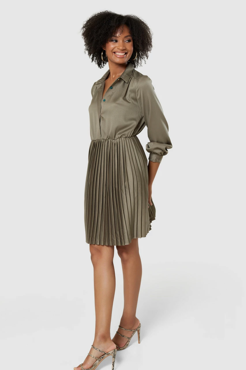Closet London Khaki Green Pleated Shirt Dress 5 Closet London Khaki Green Pleated Shirt Dress - Image 3