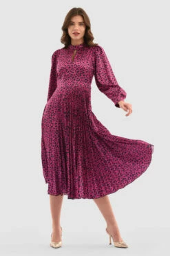 Closet London Fuchsia Pink Leopard Print Pleated Midi Dress
