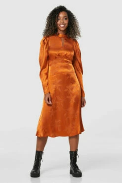 Closet London Orange High Neck Floral Puff Sleeve Midi Dress -Closet London Popular Shop D8231 20211130 Closet 0315 39147.1664977483