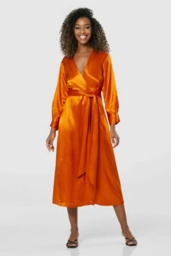 Closet London Orange A-Line Wrap Midi Dress