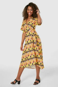 Closet London Yellow Print Puff Sleeve Midi Dress