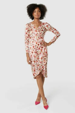 Closet London Cream Floral Print Drape Skirt Midi Dress