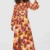 Closet London Orange Print Gathered Neck Midi Dress