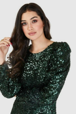 Closet London Forest Green Sequin Puff Sleeve Mini Dress -Closet London Popular Shop D8740 0457 31714.1662541579