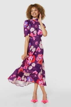 Closet London Purple Floral Print Tie Back A-Line Dress -Closet London Popular Shop D8846 PURPLE 71447 09697.1675261131