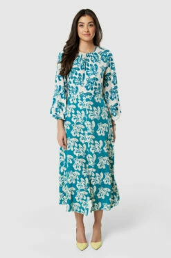 Closet London Teal Blue Print Gathered Neck Midi Dress -Closet London Popular Shop D8848 20220621 Closet London 18319 49409.1660580257