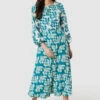 Closet London Teal Blue Print Gathered Neck Midi Dress