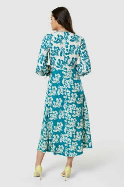 Closet London Teal Blue Print Gathered Neck Midi Dress -Closet London Popular Shop D8848 20220621 Closet London 18334 20102.1660580266