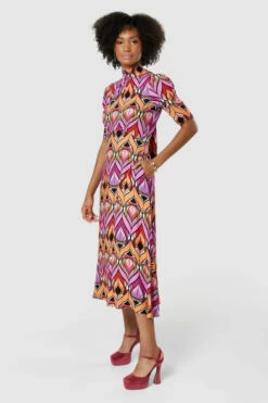 Closet London Pink Print Tie Back A-Line MidiDress