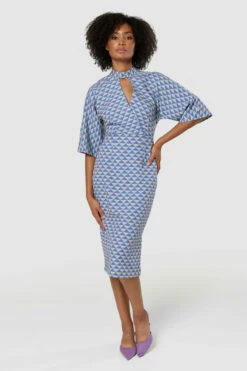 Closet London Purple Geometric Print Pencil Midi Dress