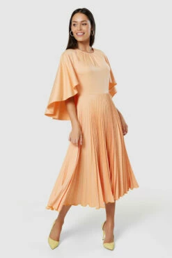 Closet London Peach Orange Pleated Skirt Cape Midi Dress -Closet London Popular Shop D8992 20220620 Closet London15718 24871.1668179954