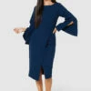 Closet London Denim Blue Flared Sleeve Pencil Midi Dress -Closet London Popular Shop D9062 DARK DENIM 72164 99259.1675336716