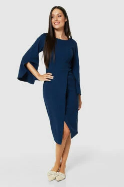 Closet London Denim Blue Flared Sleeve Pencil Midi Dress -Closet London Popular Shop D9062 DARK DENIM 72171 48588.1675336708