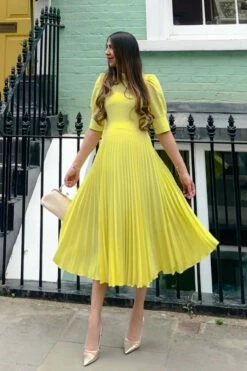 Closet London Lemon YellowA-line Pleated Dress