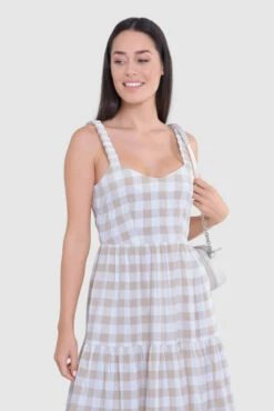 Closet London Oatmeal Grey Gathered Maxi Gingham Dress -Closet London Popular Shop D9376 11 96254.1685457249