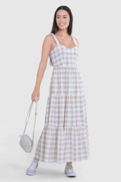 Closet London Oatmeal Grey Gathered Maxi Gingham Dress -Closet London Popular Shop D9376 6 25322.1685457159