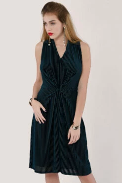 Closet London Teal Velvet Stripe V-Neck A-Line Dress