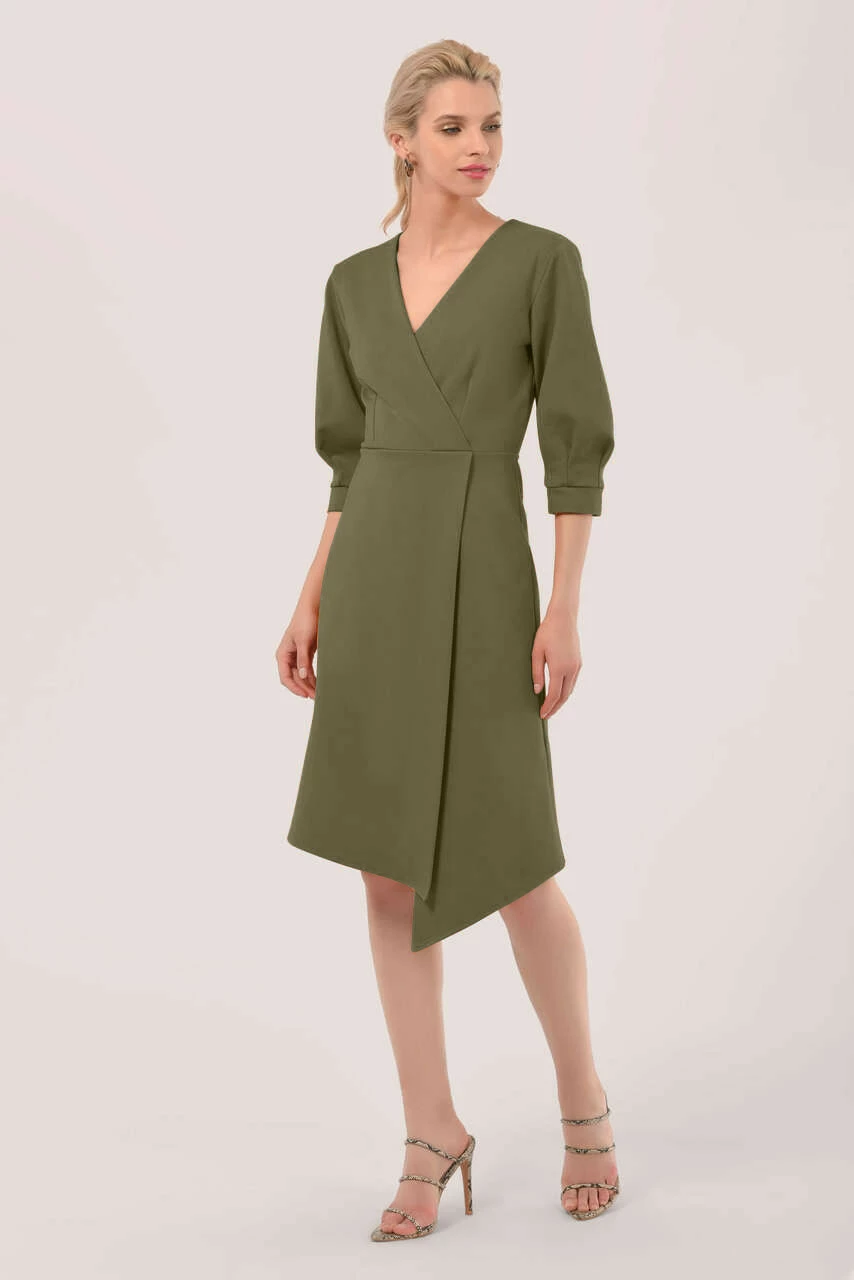 Closet London Khaki Green Pleated Sleeve Wrap Dress 3 Closet London Khaki Green Pleated Sleeve Wrap Dress