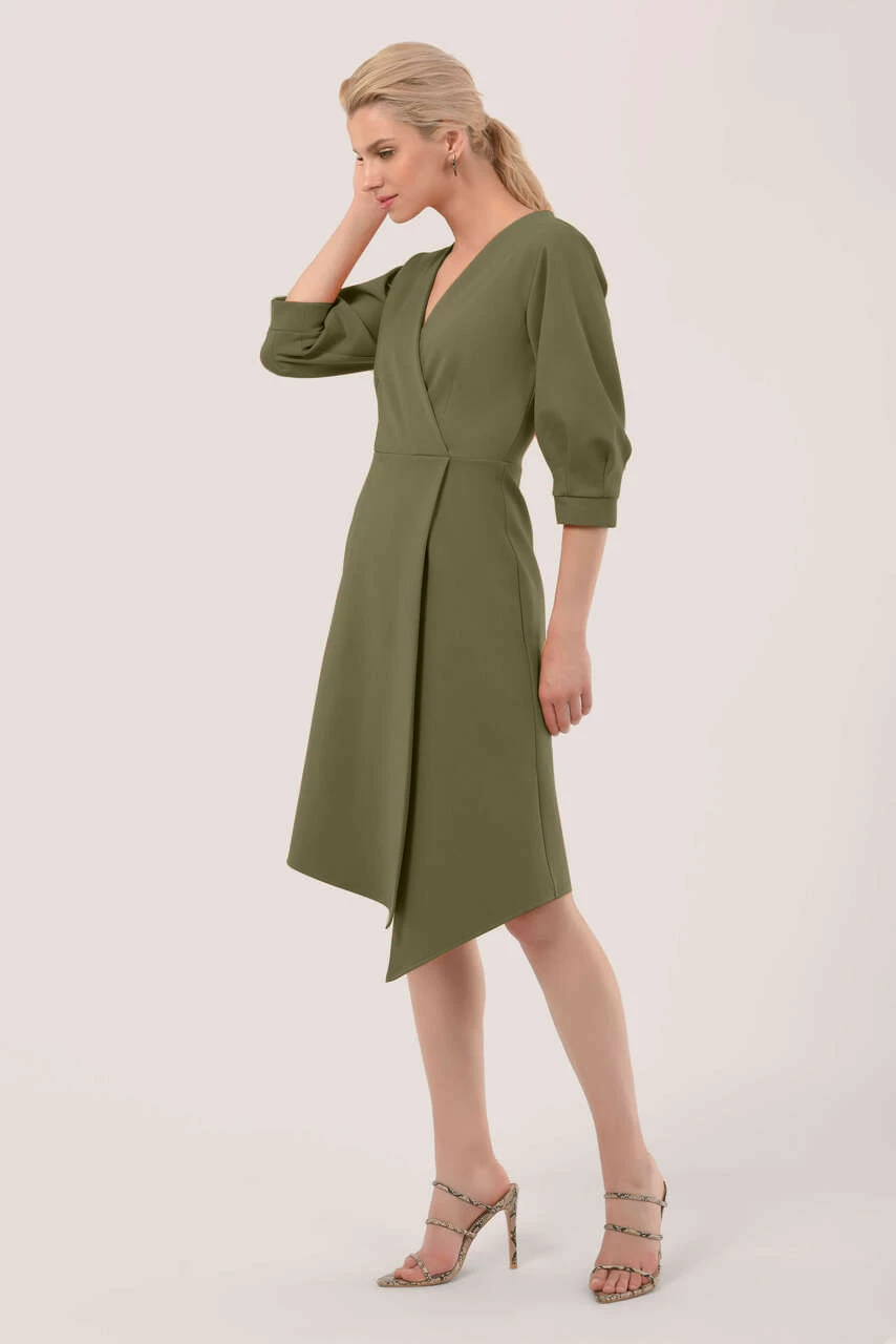 Closet London Khaki Green Pleated Sleeve Wrap Dress 5 Closet London Khaki Green Pleated Sleeve Wrap Dress - Image 3