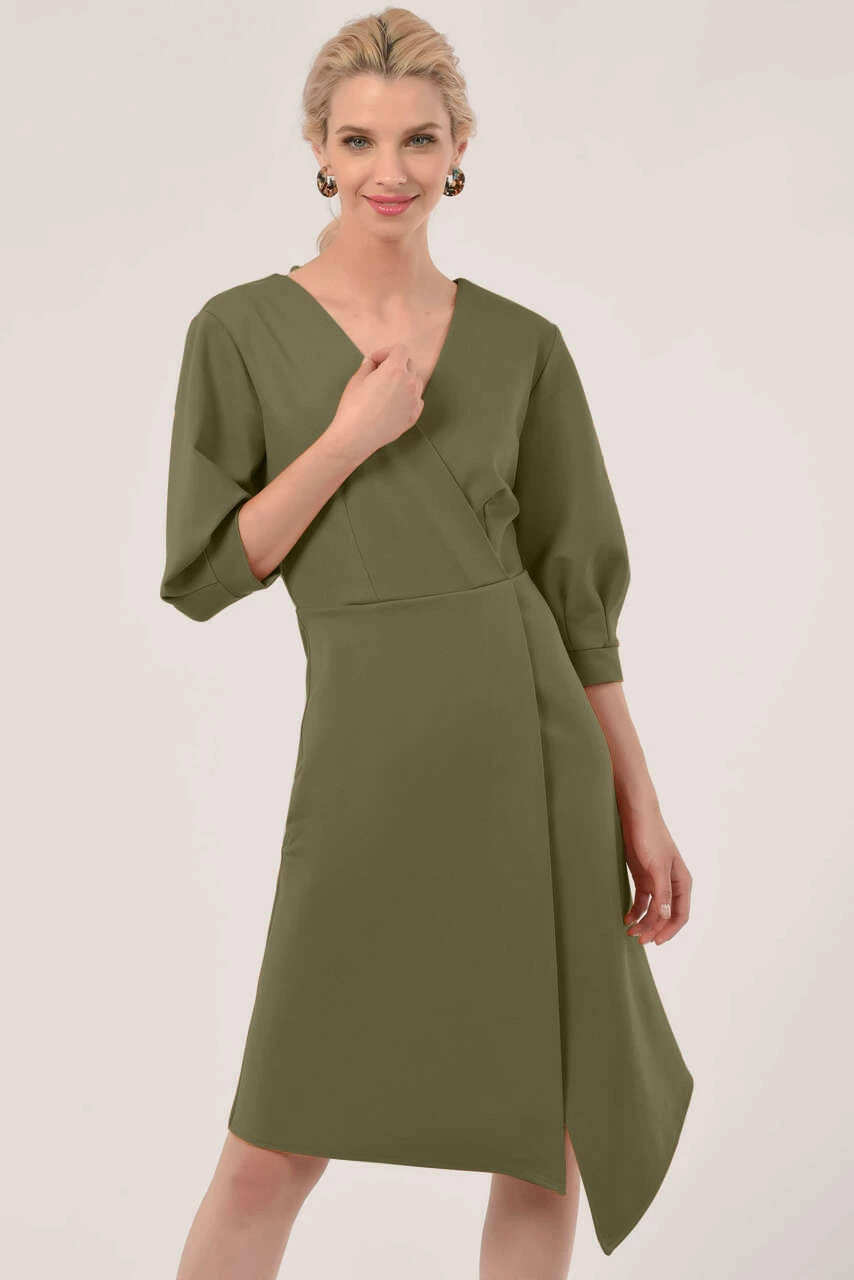 Closet London Khaki Green Pleated Sleeve Wrap Dress 4 Closet London Khaki Green Pleated Sleeve Wrap Dress - Image 2
