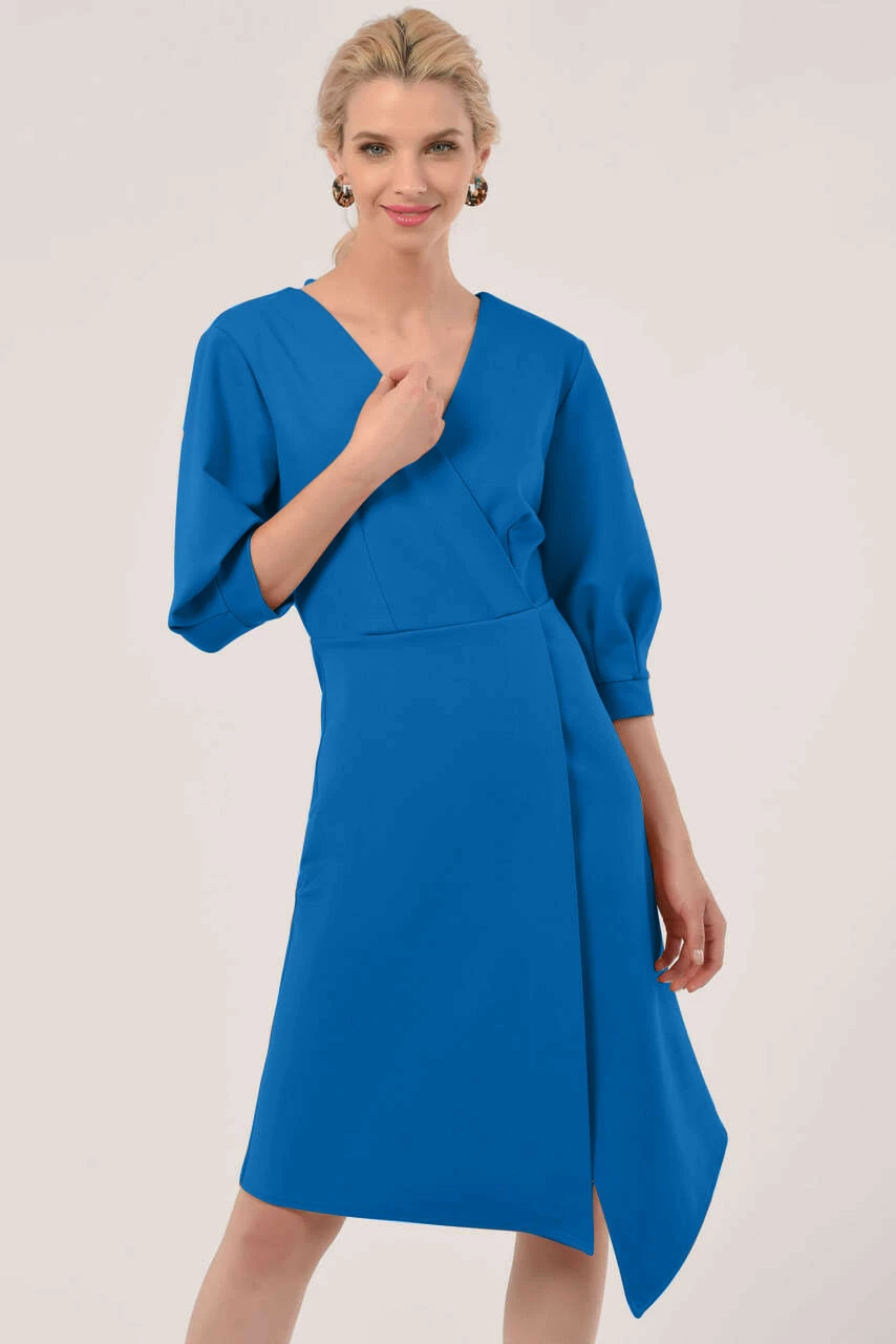 Closet London Cobalt Blue Pleated Sleeve Wrap Dress 3 Closet London Cobalt Blue Pleated Sleeve Wrap Dress