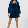 Closet London Blue Velvet Puff Sleeve A-Line Dress