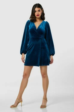 Closet London Blue Velvet Puff Sleeve A-Line Dress