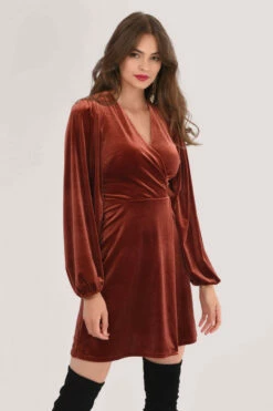 Closet London Brown Velvet Puff Sleeve A-Line Dress -Closet London Popular Shop JD6446 DSC 8932 30811.1637244739