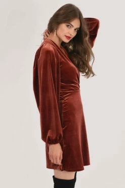 Closet London Brown Velvet Puff Sleeve A-Line Dress -Closet London Popular Shop JD6446 DSC 8936 15504.1637244736
