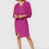 Closet London Pink Wrap Puff Sleeves Pencil Dress
