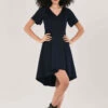 Closet London Navy V-Neck Gathered Sleeve High- Low Dress