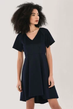 Closet London Navy V-Neck Gathered Sleeve High- Low Dress -Closet London Popular Shop JD6945 DSC 1507 17086.1620834902