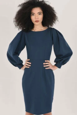 Closet London Navy Pleated Sleeve Pencil Midi Dress -Closet London Popular Shop JD6974 DSC 1526 60339.1620834956