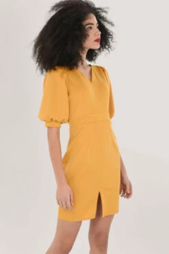 Closet London Yellow V-Neck Puff Sleeve Pencil Dress -Closet London Popular Shop JD6990 DSC 2366 66140.1618845989