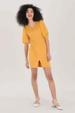 Closet London Yellow V-Neck Puff Sleeve Pencil Dress