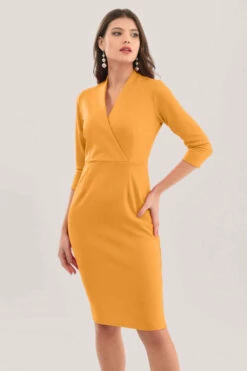 Closet London Mustard Wrap Pencil Skirt Dress -Closet London Popular Shop JD7111 DSC 9147 86013.1625734788.1280.1280 copy 2 76961.1653059048
