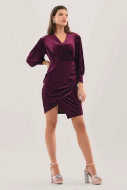 Closet London Purple Velvet Wrap Puff Sleeve Dress -Closet London Popular Shop JD7339 DSC 9952 57437.1632928544