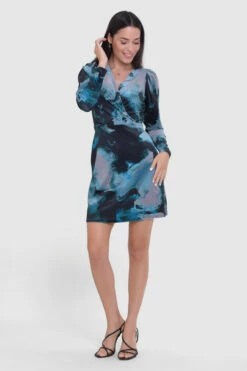 Closet London Teal Blue Print Velvet Wrap Mini Dress -Closet London Popular Shop JD8838 4 42965.1666605887