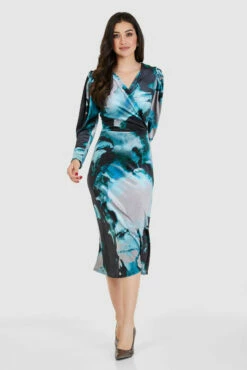 Closet London Teal Blue Print Velvet Wrap A-line Midi Dress -Closet London Popular Shop JD8839 1413 74368.1662542890