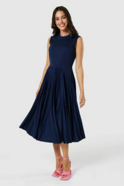 Closet London Navy Blue V-Back PleatedA- Line Dress