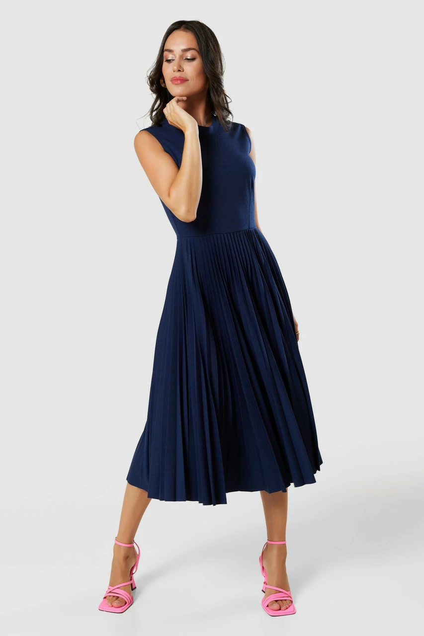 Closet London Navy Blue V-Back PleatedA- Line Dress 4 Closet London Navy Blue V-Back PleatedA- Line Dress - Image 2