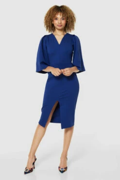 Closet London Navy Blue V- NeckPencilMidi Dress -Closet London Popular Shop JD9339 NAVY 71345 06223.1675342878