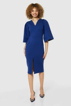 Closet London Navy Blue V- NeckPencilMidi Dress -Closet London Popular Shop JD9339 NAVY 71351 49684.1675342878
