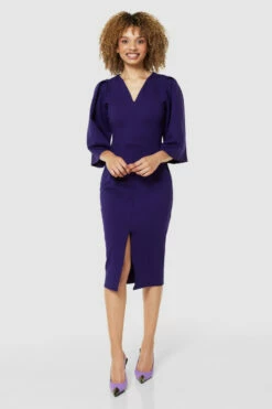 Closet London Purple V- Neck Midi Pencil Dress -Closet London Popular Shop JD9339 PURPLE 71487 55107.1675339244